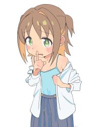  +_+ 1girl blue_camisole blue_skirt blush brown_hair camisole doublep0ints fang female_focus finger_to_mouth green_eyes hair_intakes highres multicolored_hair oka_asahi onii-chan_wa_oshimai! open_clothes open_shirt orange_hair shushing simple_background skirt solo two-tone_hair two_side_up white_background  rating:Sensitive score:19 user:ponekad