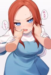 1girl animification apex_legends ashleigh_reid blue_dress blue_eyes blush breasts brown_hair disembodied_hand dress finger_in_another&#039;s_mouth gloves grey_background hand_on_another&#039;s_arm highres leaning_forward long_hair looking_at_viewer medium_breasts nagoooon_114 open_mouth solo_focus speech_bubble translation_request white_gloves rating:Sensitive score:21 user:danbooru
