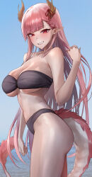  1girl absurdres bare_shoulders bikini black_bikini blue_sky blurry blurry_background breasts commission day highres horns large_breasts long_hair looking_at_viewer monegi original outdoors pink_eyes pink_hair pixiv_commission pointy_ears sky smile solo swimsuit tail thighs virtual_youtuber  rating:Sensitive score:6 user:danbooru