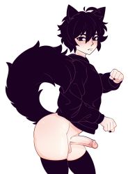  1boy absurdres animal_ears anus ass black_hair black_nails blush bro_aniki doomer_boy fake_animal_ears highres hood hoodie looking_at_viewer male_focus nail_polish penis simple_background solo tail thick_thighs thighs trap uncensored white_background wojak  rating:Explicit score:170 user:euueneh