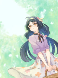  1girl basket black_hair commentary day floral_print flower glasses hair_flower hair_ornament hairband harusatomi heian_maru_(kancolle) holding holding_basket kantai_collection long_hair low_twintails official_alternate_costume orange_eyes outdoors pink_flower purple_shirt round_eyewear shirt skirt smile solo twintails very_long_hair 