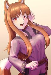 1girl absurdres animal_ears blush breasts brown_hair ciapolilla fang highres holo long_hair looking_at_viewer medium_breasts open_mouth red_eyes smile solo spice_and_wolf tail wolf_ears wolf_girl wolf_tail