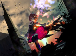  1girl black_dress black_thighhighs breasts brown_eyes brown_hair brown_sky building cape child-box cinders cloud cloudy_sky commentary dress dutch_angle expressionless frills full_body gem hand_up looking_at_viewer medium_breasts meiko_(vocaloid) nail_polish outdoors outstretched_arm parted_lips red_frills red_nails see-through see-through_sleeves short_hair sky solo standing steeple thighhighs vocaloid zettai_ryouiki  rating:General score:2 user:danbooru