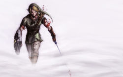  1boy aged_up astor_alexander blonde_hair blood blue_eyes epic fog gloves hat highres holding holding_sword holding_weapon hylian_shield injury link male_focus manly master_sword muscular nintendo pointy_ears scar shield solo sword the_legend_of_zelda torn_clothes tunic vambraces wallpaper weapon  rating:Sensitive score:55 user:danbooru