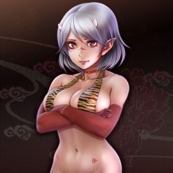  1girl animal_print bare_shoulders breasts choker cleavage closed_mouth collarbone crossed_arms elbow_gloves facial_mark fangs gloves groin highres horiishi_horuto horns large_breasts looking_at_viewer navel oni oni_horns orange_eyes original pointy_ears red_choker red_gloves short_hair silver_hair solo tiger_print  rating:Sensitive score:16 user:danbooru