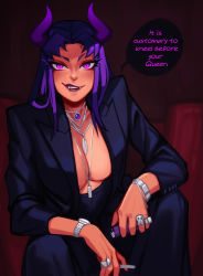  1girl blackfire breasts cigarette cleavage colored_skin dc_comics demon_girl english_text fangs holding holding_cigarette holding_lighter horns jacket jewelry large_breasts lighter long_hair looking_at_viewer necklace no_bra purple_eyes purple_hair purple_horns qtori red_skin ring solo speech_bubble suit_jacket teen_titans watch wristwatch  rating:Sensitive score:71 user:danbooru