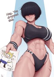  1girl abs absurdres black_hair black_panties black_sports_bra breasts cleavage_cutout clothing_cutout english_text from_below gluteal_fold hair_over_eyes highres holding holding_paper large_breasts long_bangs looking_at_viewer muscular muscular_female neco-arc original pale_skin panties paper quads scar scar_on_face scar_on_stomach short_hair speedl00ver sports_bra striped_clothes striped_panties thighs thong tomboy underwear underwear_only wristband  rating:Questionable score:192 user:danbooru