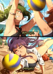  6+girls absurdres arms_up aura_(sousou_no_frieren) ball beach beach_volleyball black_hair blurry blurry_background blush breasts brown_hair character_request choker day english_text fern_(sousou_no_frieren) green_hair grin hat highres holding horns kanne_(sousou_no_frieren) khyle. large_breasts lawine_(sousou_no_frieren) linie_(sousou_no_frieren) multiple_girls outdoors pink_hair playing_sports pout pregnant sand shiny_skin short_hair shorts smile sousou_no_frieren sweat teeth ubel_(sousou_no_frieren) umbrella volleyball volleyball_(object) volleyball_net white_hat 