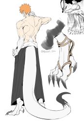  absurdres asure_(asure_twi) back barefoot black_pants bleach clawed_feet hand_on_own_hip hand_on_own_neck highres kurosaki_ichigo no orange_hair pants sandals simple_background solo tail toned toned_male topless_male twitter_username  rating:Sensitive score:6 user:danbooru
