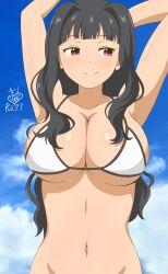  1girl armpits arms_up bare_shoulders bikini black_hair blue_sky blunt_bangs blush breasts cleavage closed_mouth cloud cloudy_sky collarbone curtained_hair dated dot_nose eyelashes grey_hair highres idolmaster idolmaster_(classic) idolmaster_million_live! idolmaster_million_live!_theater_days kirie_dou large_breasts long_hair looking_to_the_side navel no_panties official_alternate_hairstyle purple_eyes shijou_takane sidelocks sideways_glance signature sky smile solo swimsuit underboob upper_body wavy_hair white_bikini 