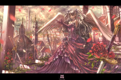1girl aioka angel_wings bad_id bad_pixiv_id bow brown_eyes brown_hair city cityscape dome dress elbow_gloves erendis eternita flower gloves hair_ribbon letterboxed petals rapier red_flower red_rose ribbon rose rose_petals scenery solo stairs sword tower twintails weapon wings rating:Sensitive score:8 user:danbooru