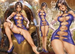 1girl bar_censor breasts breasts_apart brown_hair censored chain chain china_dress chinese_clothes choker cleavage coin comic_anthurium dress earrings elbow_gloves gloves gold gold_chain high_heels highres jewelry large_breasts lips long_hair looking_at_viewer navel no_bra no_panties non-web_source pussy shirou_masamune sitting solo spread_legs rating:Explicit score:97 user:danbooru