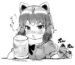  1girl alcohol animal_ears beer beer_mug blush bow common_raccoon_(kemono_friends) cup drunk eyelashes greyscale highres kemono_friends monochrome mug open_mouth raccoon_ears raccoon_girl raccoon_tail shirt short_hair solo squeans suicchonsuisui tail tail_wagging translation_request 