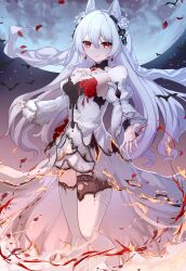  1girl :q absurdres animal_ear_headband bare_shoulders black_collar breasts burnt_clothes chest_tattoo chinese_commentary cleavage collar commentary_request detached_sleeves dress earrings feet_out_of_frame fire flower flower_hairband full_moon hair_between_eyes highres honkai_(series) honkai_impact_3rd jewelry large_breasts long_dress long_hair looking_at_viewer moon night night_sky reaching reaching_towards_viewer red_eyes red_petals ring rose sky smile solo tattoo theresa_apocalypse theresa_apocalypse_(luna_kindred) theresa_apocalypse_(lunar_vow:_crimson_love) theresa_apocalypse_(till_death_do_us_part)_(honkai_impact) thighhighs thighs tongue tongue_out ufotram very_long_hair white_dress white_flower white_hair white_rose white_sleeves white_thighhighs white_veil 