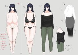  1girl bags_under_eyes black_hair bra breasts character_sheet concept_art fujou_joshi huge_breasts large_areolae long_hair mole mole_under_mouth multiple_views nipples panties sagging_breasts standing sweater tired underwear  rating:Questionable score:70 user:cheezeit