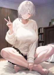  1girl :d ^_^ bare_legs barefoot between_legs black_skirt blush book bookshelf bra_strap breasts closed_eyes facing_viewer feet fur_sweater grey_hair grin hair_over_one_eye hand_between_legs hands_on_feet happy indian_style indoors kurono_mitsuki large_breasts lens_flare miniskirt one_eye_covered open_clothes open_mouth original paid_reward_available short_hair sidelighting sitting skirt smile sweater toes tomboy_childhood_friend_(kurono_mitsuki) v white_sweater 