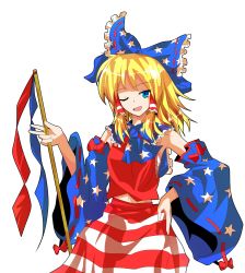  1girl alphes_(style) alternate_color alternate_hair_color american_miko blonde_hair blue_eyes bow detached_sleeves gohei hair_bow hakurei_reimu hand_on_own_hip highres looking_at_viewer midriff one_eye_closed open_mouth pandora-ex parody sarashi smile solo star_(symbol) style_parody touhou transparent_background united_states white_background wink 