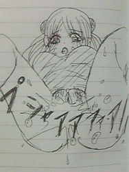  1girl blush bottomless breasts double_bun from_below gogogo_saiyuki hair_bun large_breasts lined_paper long_hair looking_at_viewer looking_down lowres monochrome open_mouth peeing pubic_hair pussy shirt sketch socks squatting sweat twintails uncensored  rating:Explicit score:1 user:Red50