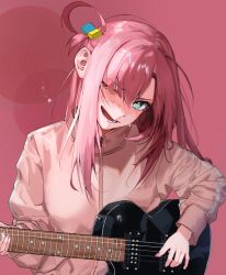 1girl absurdres aqua_eyes bocchi_the_rock! commentary_request cross-shaped_pupils cube_hair_ornament electric_guitar gibson_les_paul gotoh_hitori guitar hair_ornament head_tilt highres holding holding_instrument instrument jacket kamu_(stead06y) left-handed long_hair long_sleeves looking_at_viewer music one_eye_closed open_mouth pink_background pink_hair pink_jacket pink_theme playing_instrument simple_background smile solo sweatdrop symbol-shaped_pupils upper_body 