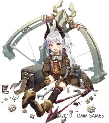 1girl 2019 animal_ear_legwear arrow_(projectile) black-framed_eyewear black_horns black_shorts black_socks boots bow_(weapon) breasts brown_coat brown_footwear brown_gloves brown_sleeves character_request cleavage coat collared_coat commentary_request copyright_name crossbow demon_horns eyelashes full_body gemini_seed gloves goggles goggles_around_neck hands_on_own_thighs high_collar highres horns huge_weapon light_blush long_hair long_sleeves looking_at_viewer machinery official_art onsen open_clothes open_coat open_mouth over-kneehighs pointy_ears puffy_long_sleeves puffy_sleeves short_shorts shorts simple_background sitting small_breasts smile socks solo thighhighs twintails usamata vial weapon white_background white_hair wrench 