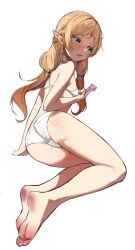 1girl absurdres ass barefoot blonde_hair blush bra breasts condom condom_wrapper elf feet full_body green_eyes highres isekai_ojisan long_hair open_mouth orobou panties pointy_ears simple_background small_breasts soles solo sui_(isekai_ojisan) toes twintails underwear white_background white_bra white_panties rating:Sensitive score:38 user:phospy