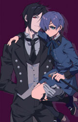  2boys absurdres al_(ahr) arm_behind_back bishounen black_footwear black_hair black_jacket black_necktie black_pants black_thighhighs blue_eyes blue_hair blue_jacket blue_ribbon buttons cane carrying carrying_person ciel_phantomhive closed_mouth collared_shirt earrings eyepatch grey_shirt hair_over_one_eye hand_on_another&#039;s_shoulder height_difference highres holding holding_cane jacket jewelry kuroshitsuji male_focus multiple_boys necktie pants red_eyes ribbon sebastian_michaelis shirt short_hair simple_background smug thigh_strap thighhighs victorian white_shirt yaoi 