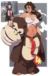  absurdres areola_slip blue_eyes breasts brown_hair combos_&amp;_doodles donkey_kong donkey_kong_(series) earrings eyeshadow female_pubic_hair highres holding_mascot_head jewelry large_breasts lipstick long_hair makeup mario_(series) mascot_costume mascot_head navel nintendo pauline_(mario) photo_inset pubic_hair pubic_hair_peek real_life_insert red_lips reference_inset steam steaming_body super_mario_odyssey sweat sweaty_clothes very_sweaty 