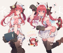  1girl :t ? ^_^ animal_ears animal_hands anna_(ikeuchi_tanuma) apron artist_name bell black_thighhighs boots bow brown_footwear cat_ears cat_girl cat_paws closed_eyes detached_collar detached_sleeves eating english_text floating_hair food hair_bell hair_bow hair_ornament highres holding holding_menu holding_plate holding_spoon ikeuchi_tanuma jingle_bell long_hair looking_back maid maid_headdress menu multiple_views name_tag neck_bell omelet omurice original paw_pose plate puffy_detached_sleeves puffy_sleeves purple_eyes red_hair sidelocks signature spoken_question_mark spoon sweat thighhighs twintails twitter_username 
