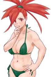  1girl abs bikini blush breasts cleavage covered_erect_nipples creatures_(company) female_focus finger_to_mouth flannery_(pokemon) game_freak green_bikini gym_leader hand_on_own_chin hand_on_own_hip large_breasts long_hair looking_at_viewer muscular nakaba navel nintendo pokemon pokemon_(anime) pokemon_oras pokemon_rse ponytail red_eyes red_hair side-tie_bikini_bottom side-tie_bottom simple_background solo stomach swimsuit toned white_background  rating:Questionable score:41 user:downzekd