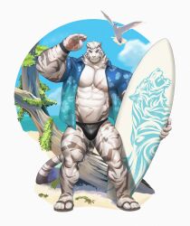  1boy abs absurdres animal_ears arknights armband bara beach bird black_armband black_male_swimwear blue_shirt blue_sky bulge claws cloud commentary cross_scar english_commentary facial_scar flip-flops floral_print furry furry_male hand_up highres holding holding_surfboard kusu_(x_kusunagi_x) looking_at_viewer male_focus male_swimwear mountain_(arknights) multiple_scars muscular muscular_male nipples ocean open_clothes open_shirt pawpads pectorals sand sandals scar scar_across_eye scar_on_cheek scar_on_chest scar_on_face scar_on_stomach shirt sky surfboard tail tiger_boy tiger_ears tiger_stripes tiger_tail white_background 