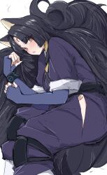  1girl absurdres animal_ears arknights black_hair blush brown_eyes clothing_cutout commentary dog_ears dog_girl elbow_gloves eyes_visible_through_hair facial_mark feet_out_of_frame fingerless_gloves forehead_mark gloves hair_intakes highres infection_monitor_(arknights) japanese_clothes knee_pads long_hair looking_at_viewer lying on_side open_mouth parted_bangs purple_gloves romper saga_(arknights) simple_background sketch solo split_mouth tobildesu very_long_hair white_background 