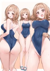  1boy 1girl arms_behind_back ass back bare_legs bare_shoulders blue_one-piece_swimsuit blush breasts brown_eyes cameltoe cleavage clothes_pull competition_school_swimsuit covered_navel frontal_wedgie groping highres huge_ass idolmaster idolmaster_shiny_colors large_breasts light_brown_hair looking_at_viewer looking_back medium_hair multiple_views one-piece_swimsuit one-piece_swimsuit_pull open_mouth partially_visible_vulva sakuragi_mano sandals school_swimsuit smile standing sweat swept_bangs swimsuit thighs toes wedgie yoi_naosuke 
