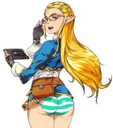  1girl ass blonde_hair braid curvy female_focus fingerless_gloves glasses gloves hair_ornament hairclip hip_focus holding holding_removed_eyewear huge_ass long_hair looking_back nintendo open_mouth panties pointy_ears princess_zelda simple_background solo striped_clothes striped_panties tagme teeth the_legend_of_zelda the_legend_of_zelda:_breath_of_the_wild thick_thighs thighs tongue underwear unworn_eyewear very_long_hair white_background wide_hips yakibuta_(shimapow)  rating:Questionable score:127 user:eedono