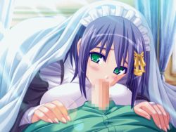  animated animated_gif blush breasts censored fellatio game_cg green_eyes hairband large_breasts looping_animation maid maid-san_to_ooki_na_tsurugi on_bed oral penis purple_hair shirt short_hair  rating:Explicit score:34 user:SoulScytheX