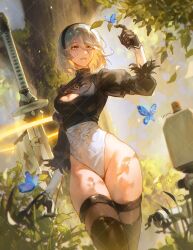  1girl 2b_(nier:automata) black_hairband blue_butterfly blue_eyes boots breasts bug butterfly cleavage cleavage_cutout clothing_cutout cowboy_shot drone dutch_angle feather-trimmed_sleeves feather_trim gloves grass hairband highres index_finger_raised insect juliet_sleeves leaf leotard long_sleeves medium_breasts mole mole_under_mouth nier:automata nier_(series) parted_lips pod_(nier:automata) puffy_sleeves solo thick_thighs thighhighs thighhighs_under_boots thighs tree virtuous_treaty white_leotard zieru 