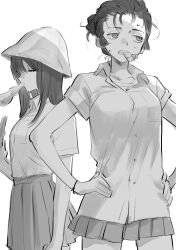  2girls absurdres alternate_hairstyle bracelet closed_eyes commentary_request dress_shirt food_in_mouth girls_und_panzer greyscale grimace hair_up half-closed_eyes hands_on_own_hips hat highres jewelry katsuoboshi long_hair mika_(girls_und_panzer) miniskirt monochrome multiple_girls papico_(ice_cream) partial_commentary pleated_skirt school_uniform shirt short_hair short_sleeves skirt sweat tulip_hat untucked_shirt wing_collar yuri_(girls_und_panzer) 
