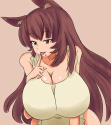 animal_ears apron breasts brown_hair chocolate fox_ears huge_breasts long_hair naked_apron red_eyes simple_background solo upper_body wolf_ears zeon_(pixiv722928) rating:Sensitive score:28 user:Xander