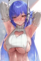  1girl :&lt; armpits arms_behind_head arms_up blue_hair blush breasts cleavage_cutout clothing_cutout commentary detached_sleeves english_commentary garter_straps girls&#039;_frontline hair_lift headgear heart_cutout highres large_breasts long_hair looking_at_viewer meme_attire mixed-language_commentary padoruu paid_reward_available presenting_armpit ribbed_sleeves ribbed_sweater sideboob simple_background skindentation solo steaming_body sweat sweater tar-21_(girls&#039;_frontline) turtleneck turtleneck_sweater underboob undersized_clothes upper_body very_sweaty virgin_destroyer_sweater white_background white_sleeves yellow_eyes 