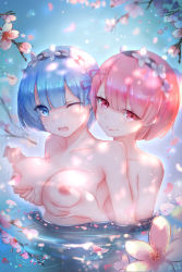 10s 2girls absurdres blue_eyes blue_hair blush breasts cherry_blossoms collarbone flower grabbing grabbing_another&#039;s_breast grabbing_from_behind hair_ornament hair_over_one_eye highres in_water incest large_breasts looking_at_viewer maid_headdress multiple_girls nipples nude one_eye_closed open_mouth partially_submerged petals pink_eyes pink_hair pink_ribbon ram_(re:zero) re:zero_kara_hajimeru_isekai_seikatsu rem_(re:zero) ribbon short_hair siblings sisters smile twincest twins xing yuri rating:Questionable score:191 user:danbooru