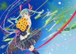  1girl abstract anniversary aqua_eyes aqua_hair bouquet check_commentary commentary_request cowboy_shot detached_sleeves dutch_angle elbow_gloves english_text flower gloves gradient_background grey_shirt grey_skirt hair_ornament hatsune_miku headphones highres holding holding_bouquet holding_flower long_hair looking_at_viewer masking_tape_(medium) multicolored_hair number_tattoo paint_splatter ribbon ryono shirt signature skirt sleeveless sleeveless_shirt smile solo sunflower tattoo thighhighs traditional_media twintails twitter_username very_long_hair vocaloid zettai_ryouiki 