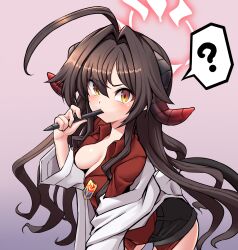  1girl ? ahoge black_shorts black_tail blue_archive blush breasts brown_hair cleavage coat coat_partially_removed collared_shirt demon_horns demon_tail hair_intakes halo highres holding holding_stylus horns kasumi_(blue_archive) lab_coat long_hair medium_breasts oversized_clothes ranken red_halo red_shirt shirt shirt_tucked_in shorts simple_background sleeves_past_wrists solo spoken_question_mark stylus tail white_coat yellow_eyes 