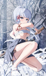  1girl absurdres ayaka_(genshin_impact) bandages bandeau bare_arms bare_shoulders black_skirt blue_eyes blunt_bangs breasts budget_sarashi chest_sarashi cleavage commentary_request genshin_impact grey_hair highres holding holding_sword holding_weapon katana large_breasts long_hair looking_at_viewer miniskirt pleated_skirt ponytail sarashi scabbard sheath sidelocks skirt snow socks solo strapless sword thigh_strap thighs tube_top unsheathing very_long_hair weapon white_socks wrist_wrap yeni1871 