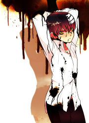  00s 1boy angry armpits arms_up bdsm black_hair blood blush bondage bound captured death_the_kid dirty highres imawano_lem male_focus midriff restrained shirt solo soul_eater sweat white_shirt yellow_eyes 