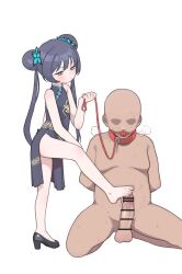 1boy 1girl bald ball_gag bar_censor bare_shoulders barefoot black_dress black_footwear black_hair blue_archive blush braid braided_bun butterfly_hair_ornament censored china_dress chinese_clothes clothed_female_nude_male collar commentary completely_nude double_bun dragon_print dress english_commentary erection expressionless faceless faceless_male feet femdom flat_chest foot_focus footjob full_body gag gagged grey_eyes hair_bun hair_ornament heavy_breathing hetero high_heels highres kisaki_(blue_archive) leash loli lolidom long_hair no_halo nude opossumachine paid_reward_available penis precum pumps shoes side_slit simple_background single_shoe sitting sweat toenails toes twintails white_background rating:Explicit score:272 user:danbooru
