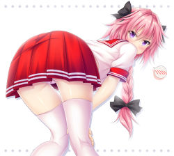 1boy annoyed aosuke_(ayakawa_akito) ass astolfo_(fate) bent_over blush bow braid embarrassed fate/apocrypha fate/grand_order fate_(series) hair_bow leaning leaning_forward long_hair looking_at_viewer male_focus panties pantyshot pink_hair purple_eyes school_uniform shiny_skin single_braid skirt solo spoken_blush striped_clothes striped_panties thighhighs trap underwear very_long_hair rating:Questionable score:65 user:armorcrystal