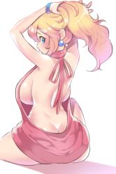 1girl adjusting_hair arms_up ass back backboob backless_dress backless_outfit bad_id bad_pixiv_id bare_back bare_shoulders blonde_hair blue_eyes blush bracelet breasts butt_crack dimples_of_venus dress earrings female_focus fingernails from_behind gem halterneck hands_in_hair highres huge_breasts jewelry knee_up large_breasts long_hair looking_at_viewer looking_back mario_(series) meme_attire nail_polish naked_sweater nintendo no_bra no_panties pink_nails ponytail princess_peach purple_sweater ribbed_sweater sideboob simple_background sitting sleeveless solo sweater sweater_dress turtleneck turtleneck_sweater tying_hair virgin_killer_sweater white_background zabumaku rating:Questionable score:183 user:danbooru