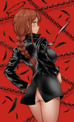  1girl absurdres ass bar_censor black_coat black_feathers blush bottomless braid censored chain chainsaw_man coat commentary dark_halo feathers female_focus halo highres long_hair looking_at_viewer looking_back makima_(chainsaw_man) naked_coat ponytail pussy red_background red_hair simple_background smile solo t3x yellow_eyes  rating:Explicit score:8 user:danbooru