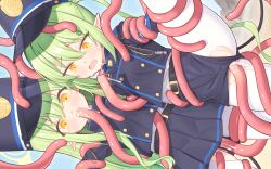  2girls absurdres armband black_hat black_tail blue_archive blue_armband blush breasts buttons clothed_sex cum cum_in_mouth cum_in_pussy cum_overflow demon_tail double-breasted gloves green_hair green_halo halo hat highres hikari_(blue_archive) leg_lift leg_up long_hair long_sleeves mouth_insertion multiple_girls nana_merou nozomi_(blue_archive) open_mouth oral pantyhose peaked_cap pointy_ears rape restrained shorts siblings sisters skirt small_breasts split spread_legs standing standing_on_one_leg standing_split tail tentacle_sex tentacles tentacles_under_clothes torn_clothes torn_pantyhose train_conductor twins twintails vaginal white_gloves white_pantyhose yellow_eyes  rating:Explicit score:10 user:danbooru
