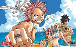 2boys 2girls artist_name bikini black_hair blonde_hair blue_bikini breasts cleavage copyright_name erza_scarlet fairy_tail flower gray_fullbuster hair_ornament highres jewelry long_hair lucy_heartfilia mashima_hiro multiple_boys multiple_girls natsu_dragneel navel necklace ocean official_art outdoors pink_hair red_hair short_twintails sideboob sky spiked_hair swimsuit tattoo twintails rating:Sensitive score:12 user:danbooru