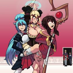 3girls aqua_(konosuba) aqua_hair arms_up blonde_hair blue_eyes boxman breasts brown_hair bulge cleavage clothed_sex clothes darkness_(konosuba) dress fff_threesome framed_breasts futa_with_female futa_with_futa futanari grabbing grabbing_from_behind group_sex heavy_breathing highres huge_breasts huge_penis imminent_penetration intercrural_sex kono_subarashii_sekai_ni_shukufuku_wo! large_breasts large_penis leg_grab long_hair love_train magic magic_circle maid maid_headdress megumin multiple_girls penis penis_and_testicles_touching penis_under_another&#039;s_clothes ponytail restrained sex short_hair small_breasts standing stick testicles thigh_sex threesome veins veiny_penis witch rating:Explicit score:167 user:SlayDash